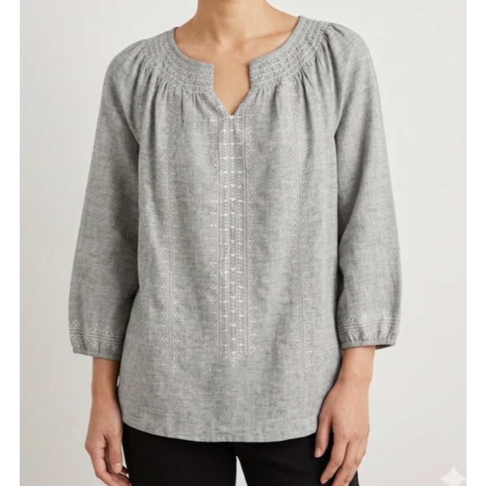 J. Jill Embroidered Cotton Tunic Top XS Petite Gray Boho Peasant 3/4 Sleeve